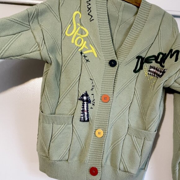 ebossy Cable Knit Cardigan Embroidery Sweater Button V Neck Coat Size M Green - Picture 4 of 15